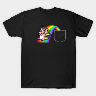 Kawaii Cute Unicorn Cartoon Sliding On Rainbow Pocket Design T-Shirt